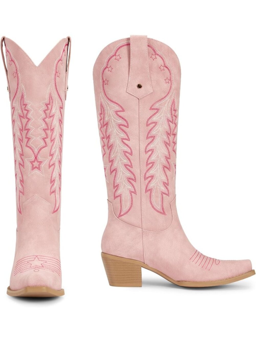 Women's Pink Cowboy Knee High Cowgirl Boots Pointed Toe Chunky Heels - Picture 4 of 6